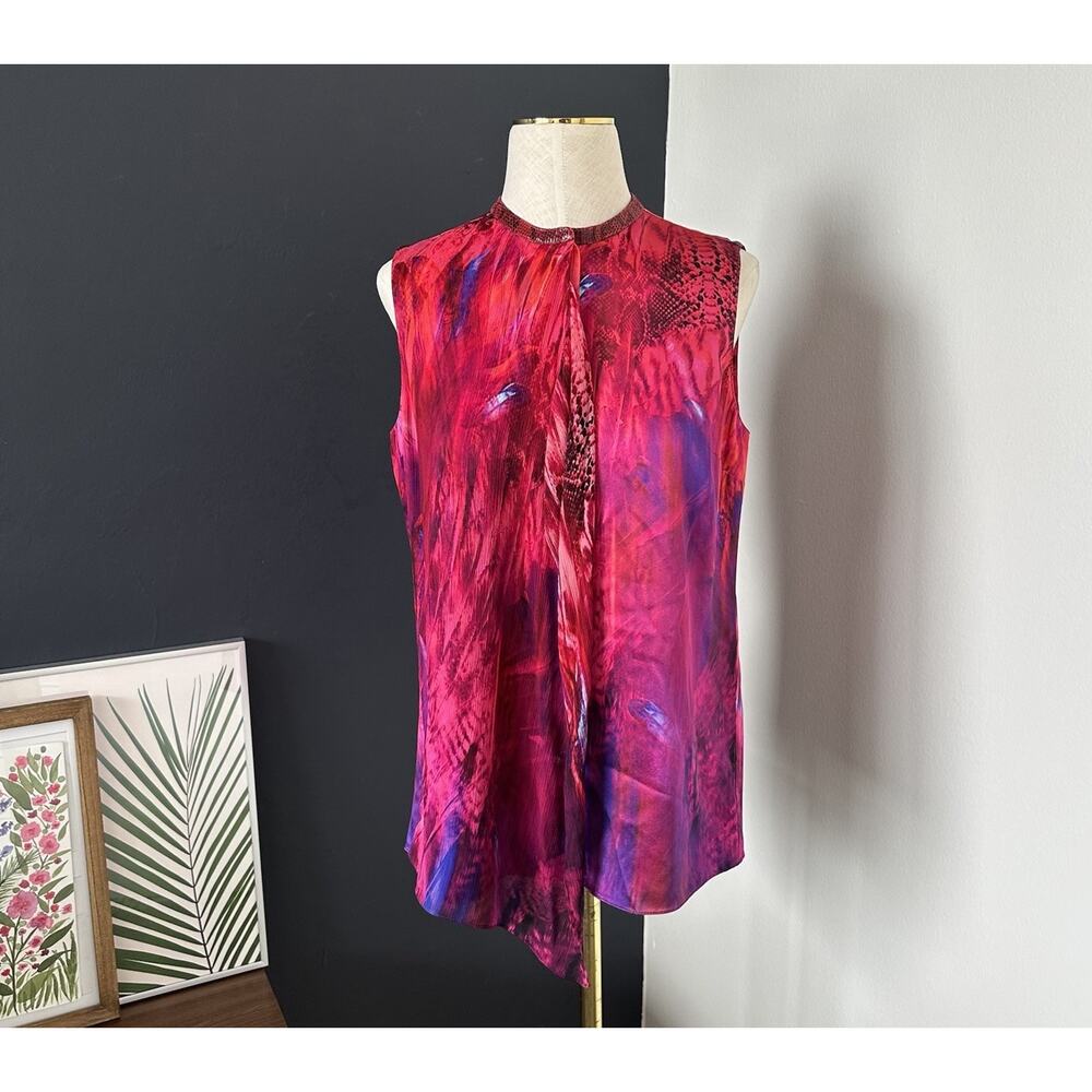 Elie Tahari Silk Sleeveless Blouse Top Women Bright Colorful Satin Leather